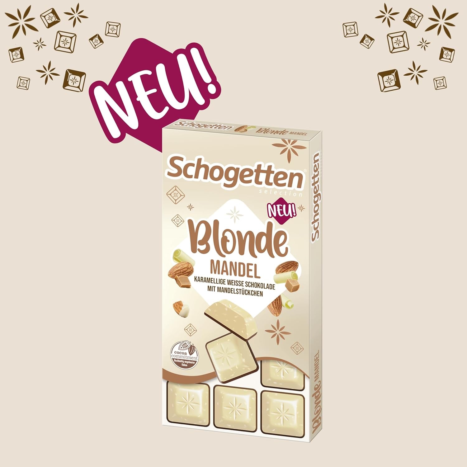 Schogetten Blonde Mandle | Bílá čokoláda s karamelem a kousky mandlí | 100 g | Pohodlné porcování (balení po 2 kusech)