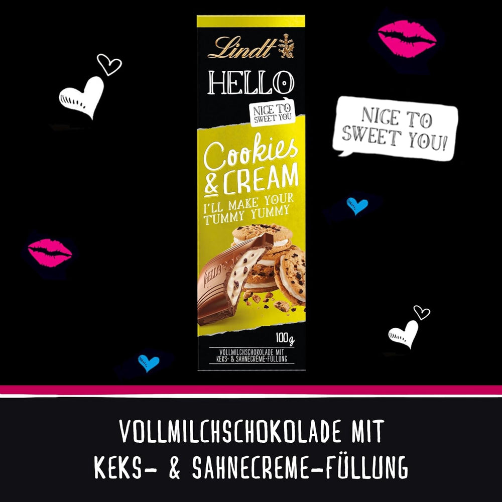 Lindt Hello Cookies & Smetanová čokoláda | Tyčinka 100g | Mléčná čokoláda se sušenkami a krémovou náplní | Čokoládová tyčinka | Čokoládový dárek
