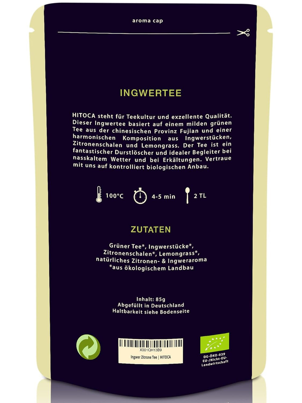 HITOCA® Ceai organic de ghimbir și lămâie - Ceai verde răcoritor în frunze de ceai cu ghimbir și lămâie