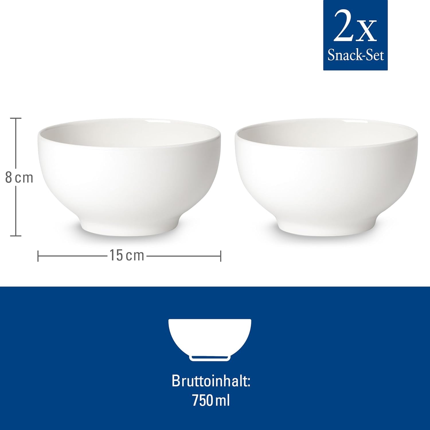 Villeroy & Boch - Set de 2 boluri pentru cereale For Me, alb, potrivit pentru mașina de spălat vase, potrivit pentru cuptorul cu microunde, boluri mici pentru 2 persoane, boluri, boluri pentru cereale, gustări sau sosuri, farfurie, porțelan premium