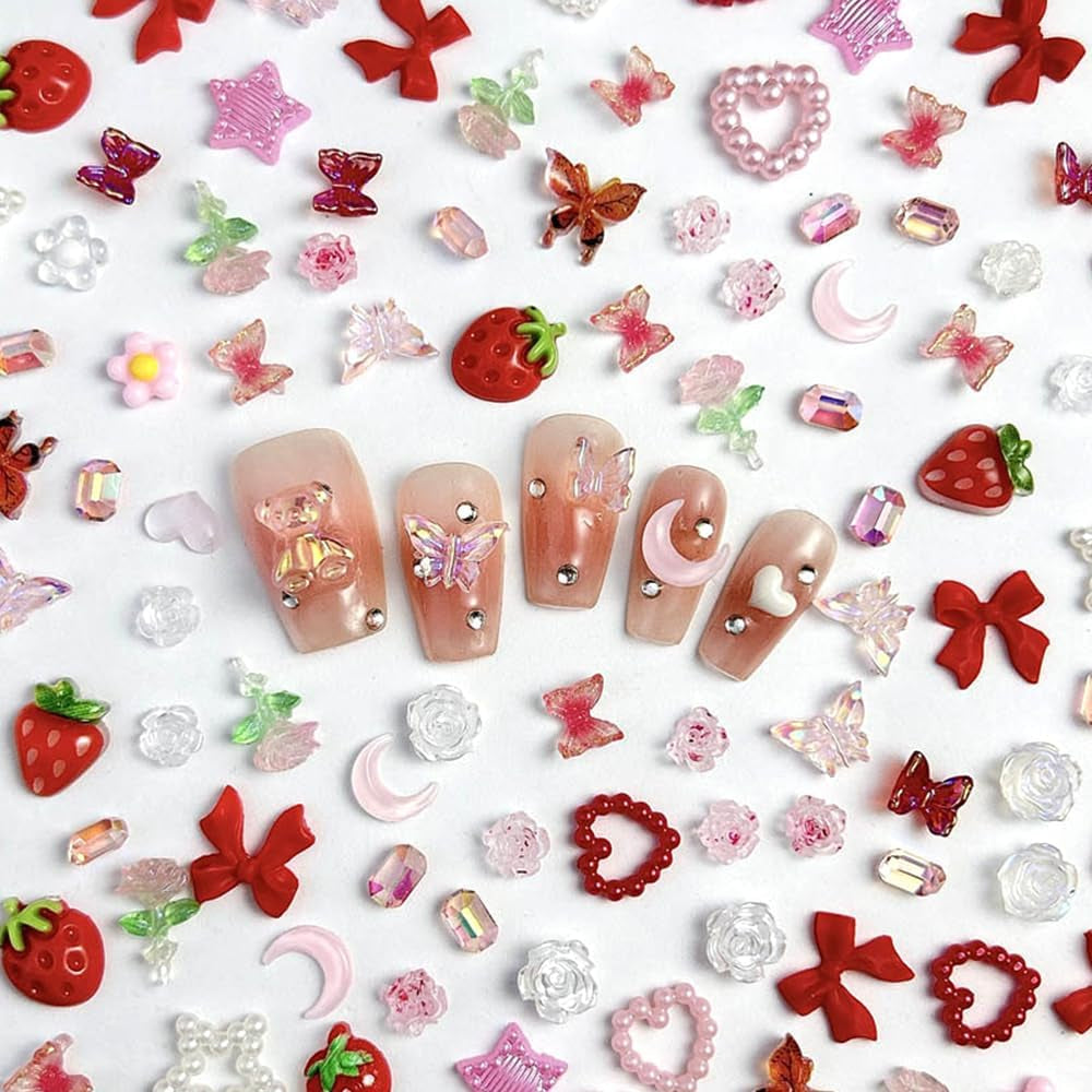100Pcs 3D Nail Charms Rosa Rot Kirsche Erdbeere Blume Nagel Charms Kamelie Rose Schmetterling Nail Art Charms Flatback Herz Schleife Charms Nägel Zubehör Mond Stern Nagelschmuck Nageldesign Anhänger