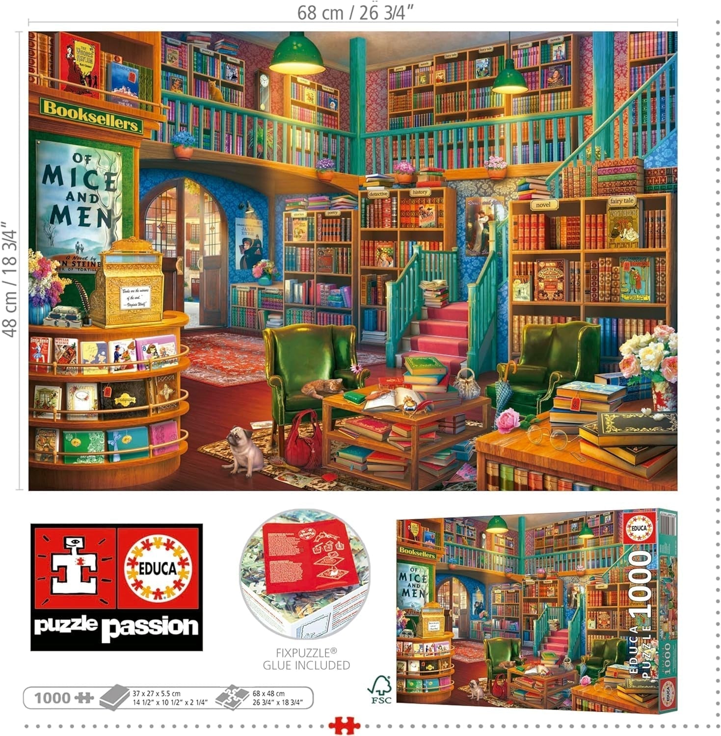 Educa - Puzzle de 1000 de piese pentru adulti | Biblioteca. Dimensiuni: 68 X 48 cm. Include lipiciul de puzzle Fixpuzzle. Pentru 14 ani (19925) Puzzle Naty Shop