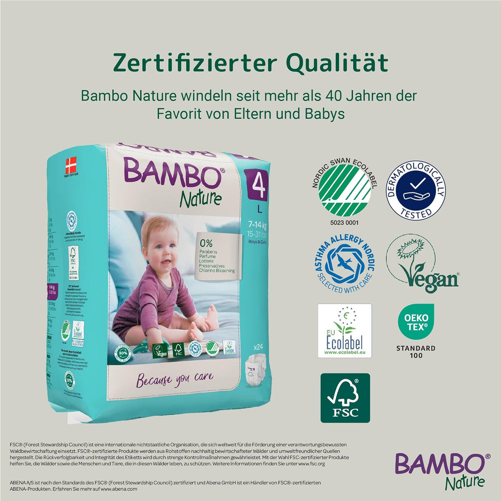 Bambo Nature plenky pro miminka, velikost 4 (7-14 kg), 144 ks, měsíční box | Prémiové plenky s vylepšenou ochranou proti úniku | Maximální pohodlí a svoboda pro aktivní děti | Dermatologicky testované plenky