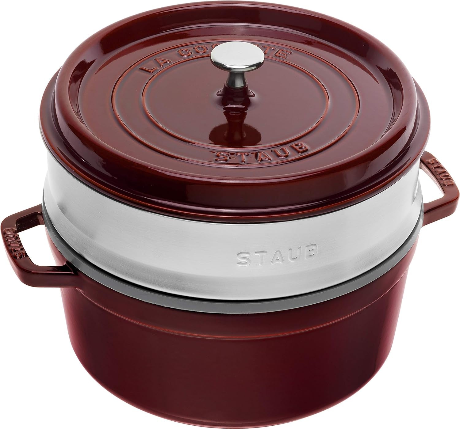 STAUB Gusseisen Bräter/Cocotte, Mit Dämpfeinsatz Aus Edelstahl, Rund 26 Cm, 5,2 L, Aromaregen Funktion Für Optimale Befeuchtung, Für Alle Herdarten Inkl. Induktion & Backofen, Kirschrot, Rot Formy a plechy na pečení Naty Shop Grenadine