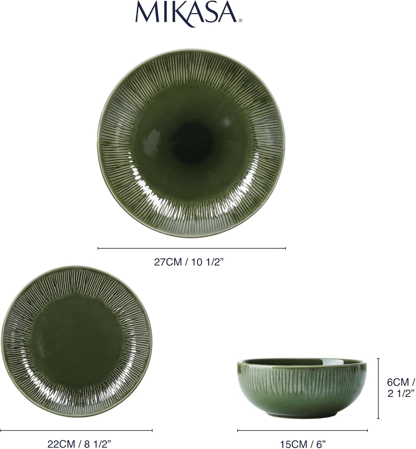 Set de veselă Mikasa Jardin cu 12 piese, set de veselă din gresie pentru 4 persoane cu farfurii, farfurii laterale și boluri, verde - cutie cadou și lavabilă în mașina de spălat vase