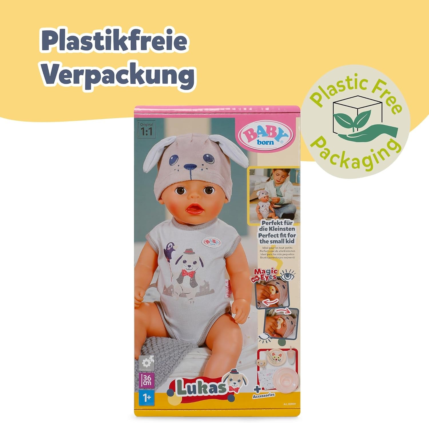 BABY Born Lukas in Strampler mit Hundemotiv, 36 cm große Puppe mit 7 Funktionen für Kinder ab 1 Jahr
