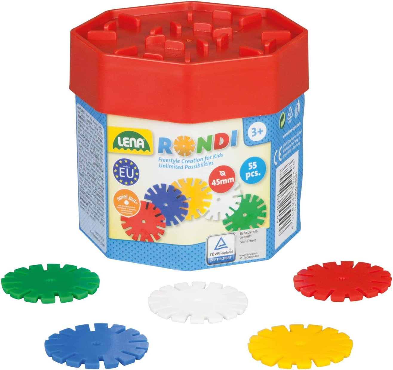 Lena 35946 Steckspiel Rondi 45 v Baudose, 55 Teile in bunten Farben, ca. 45 mm, 3 Jahre až 10 Jahr, Konstruktionsspielzeug mit Steckteilen, Mehrfarbig
