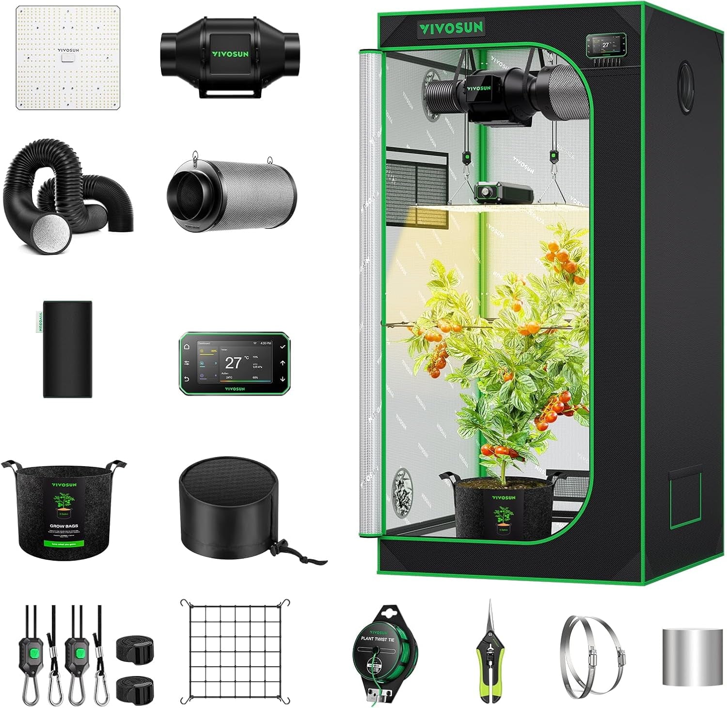 VIVOSUN Smart Grow Tent Full Set 60x60x120cm, integrovaný WiFi automatický pěstební systém se 100W celospektrálním LED světlem a účinným ventilačním systémem s ovladačem GrowHub E42A+