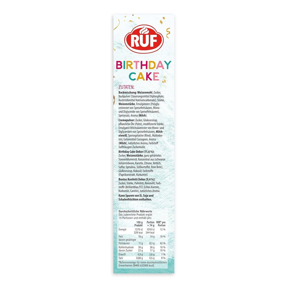 RUF Birthday Cake, Geburtstagskuchen, Schicht-Torte Aus Rührteig Und Konfetti-Streusel, Tortencreme Und Buntem Dekor-Mix, Für Kindergeburtstag, Familienfeier, Einschulung, 1X425G Glazuri si Decor Naty Shop