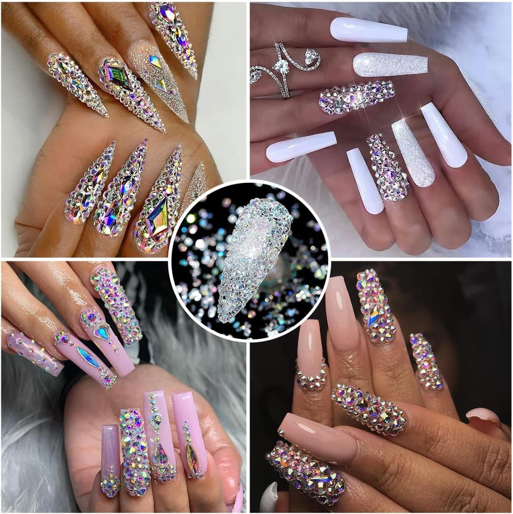 2630 buc pietre strălucitoare cristal AB pentru unghii, 120 pietre strălucitoare mari de 12 tipuri + 2510 pietre rotunde din sticlă K9 de 6 dimensiuni pentru unghii, strasuri, design de unghii, brelocuri pentru unghii pentru arta feței