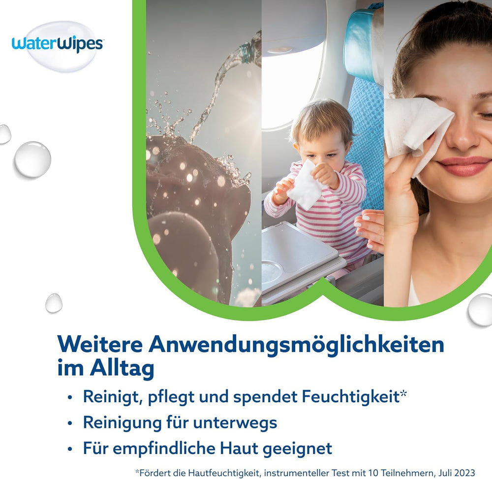WaterWipes Sensitive+ Hydrating Boost vlhčené ubrousky, hydratační ubrousky, 360 kusů (6 balení), 3v1 čistí, pečují, hydratují, 99% voda z Aloe Vera, neparfémované dětské ubrousky