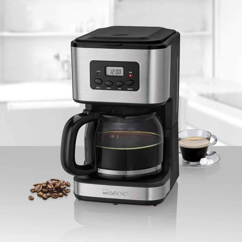 Cafetieră Clatronic® cu temporizator, carafă de 1,5 litri pentru 12-14 cești de cafea, temporizator LCD 24h, funcție de menținere la cald, antipicurare, filtru detașabil, afișaj și lumini indicatoare, 900W - KA 3642