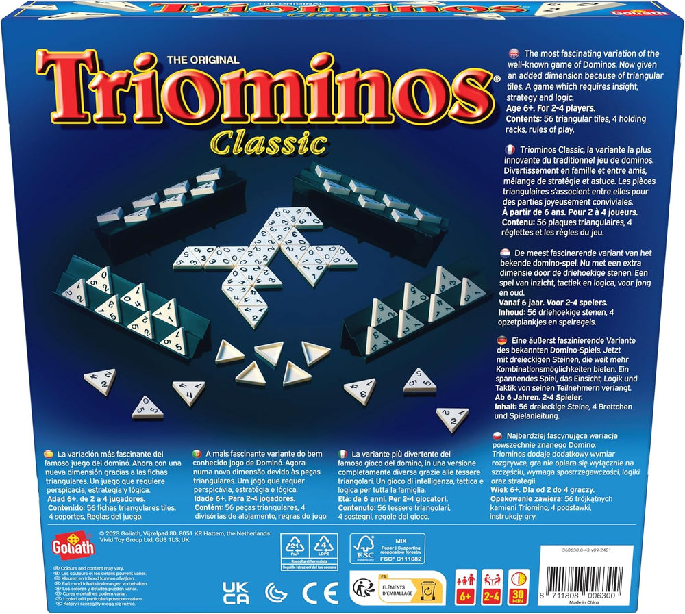 Goliath - Triominos Classic - Populární desková hra pro mládež a dospělé od 6 let - Rodinná zábavná a společenská hra pro 2-4 hráče - S taktikou a strategiemi pro děti i dospělé