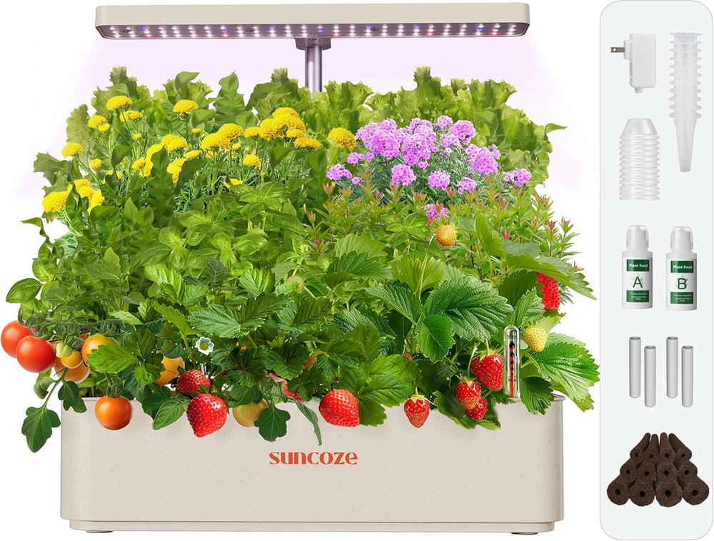 Sada 12 kapslí Hydroponic Grow System, 24W LED vnitřní zahradní lampa, 4L nádrž na vodu s tichým čerpadlem, výškově nastavitelný sázeč bylinek, sada pro vnitřní zahradničení, zahradnické dárky, béžová
