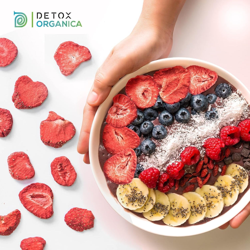 FRUCTE DE STRAWBERRIES FREEZE-DRIED, 100g fructe în felii, 100% fructe uscate - naturale și fără adaos de zahăr sau aditivi, de cea mai înaltă calitate de la Detox Organica Produse deshidratate Naty Shop