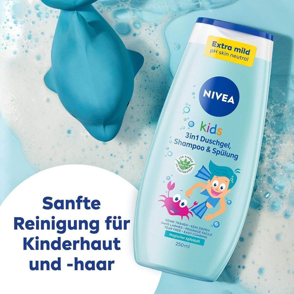 Gel de duș, șampon și balsam NIVEA KIDS 3in1, îngrijire și curățare pentru copii cu un parfum magic de mere, extra blând, îngrijire fără săpun pentru păr și piele pentru copii (250 ml) Copii - Baie si Skincare Naty Shop