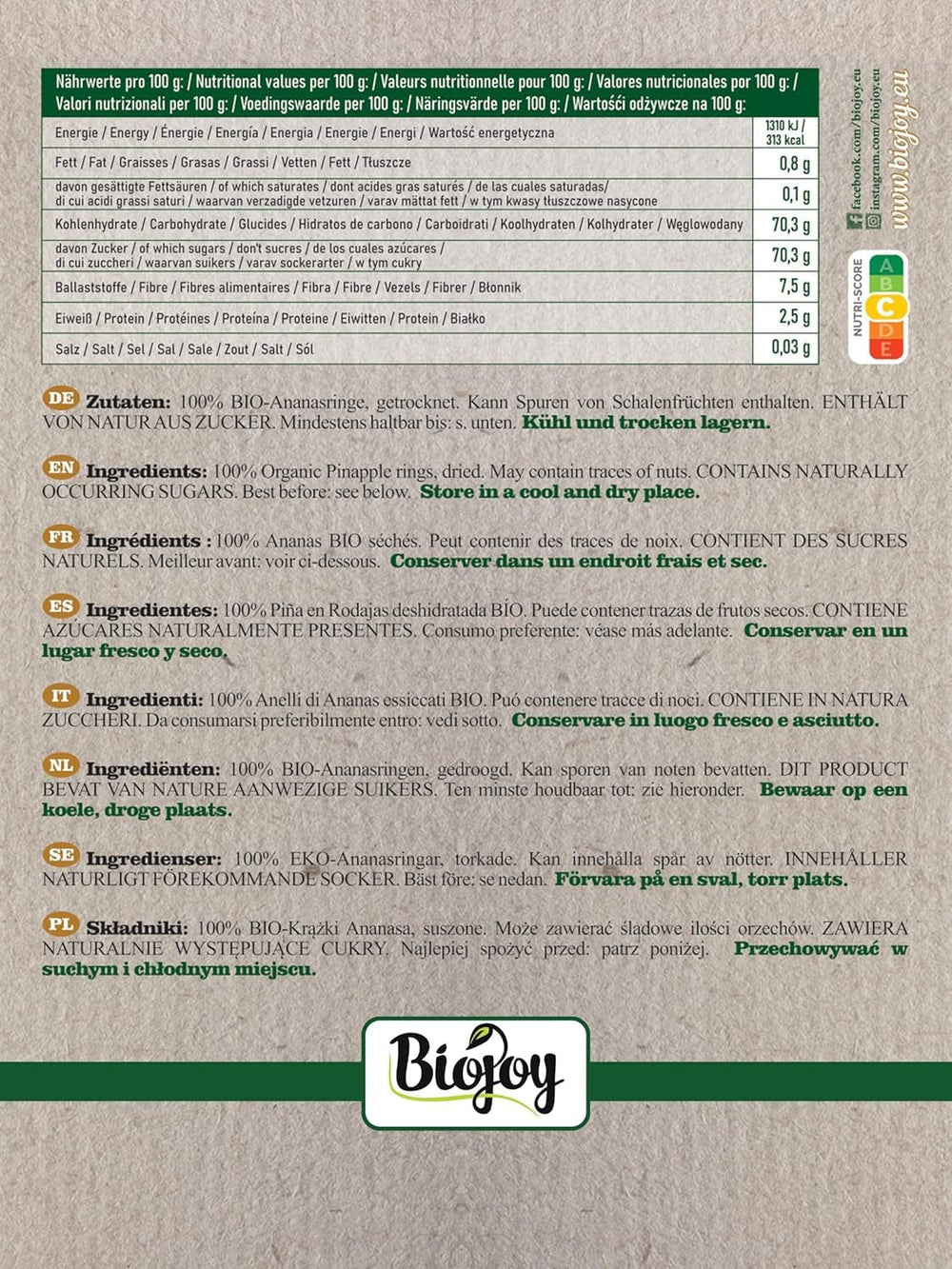 Inele de ananas Biojoy BIO, uscate (1 kg), nesulfurate Produse deshidratate Naty Shop
