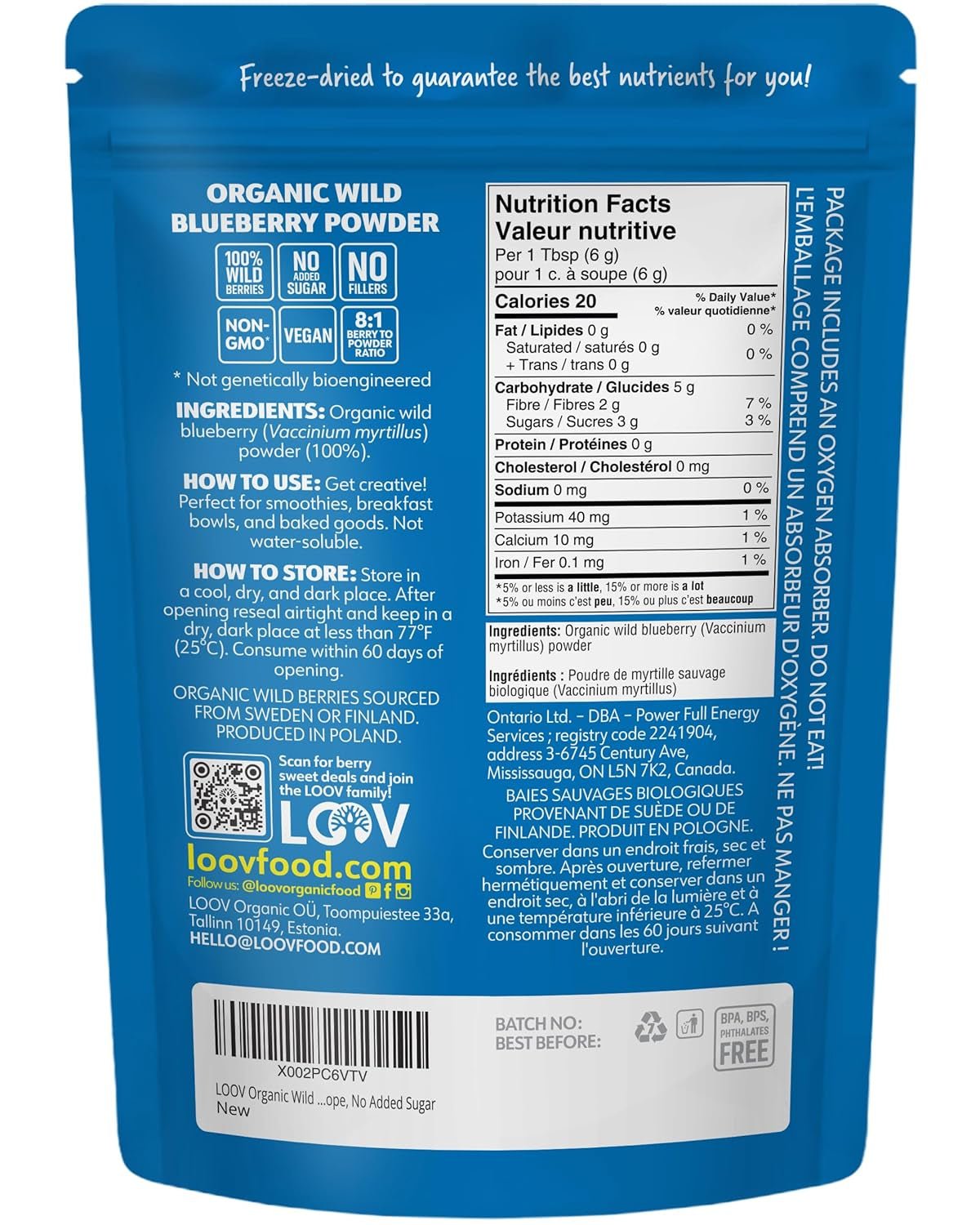 LOOV Organic Wild Blueberry Powder - rezervă pentru 29 de zile, 171 g, bună pentru smoothie-uri și mic dejun, congelată și uscată, din Europa de Nord, fără zahăr adăugat Produse deshidratate Naty Shop