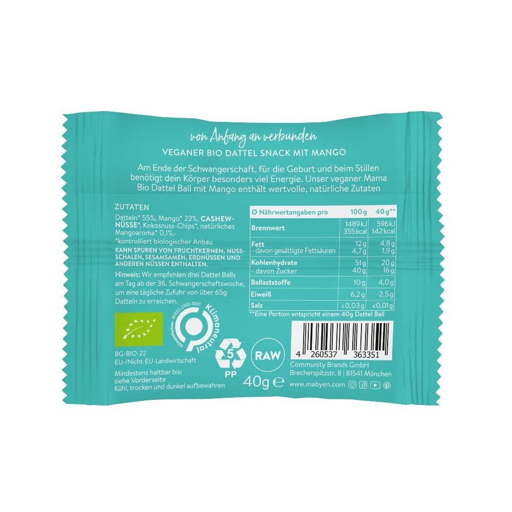 MABYEN Energy Balls Date Organic 20 buc. | Date Balls - Gustări sănătoase fără zahăr pentru sarcină și alăptare - Batoane proteice cu fructe uscate - Aromă 13 x cacao și 7x mango Produse deshidratate Naty Shop