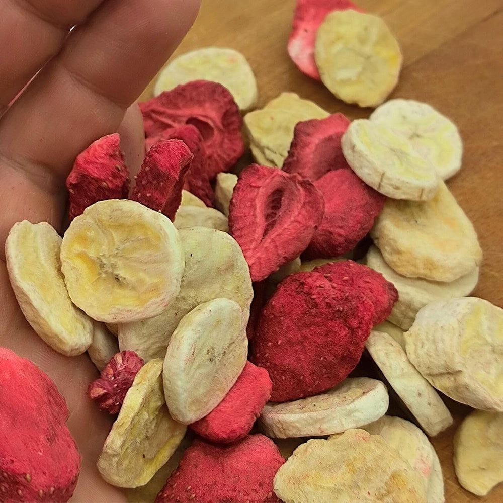 Mix de fructe liofilizate ErdBana XL 300g | Banane liofilizate + căpșuni liofilizate Set degustare fructe liofilizate | Mix de fructe liofilizate căpșuni și banane | ZingyZoo Produse deshidratate Naty Shop