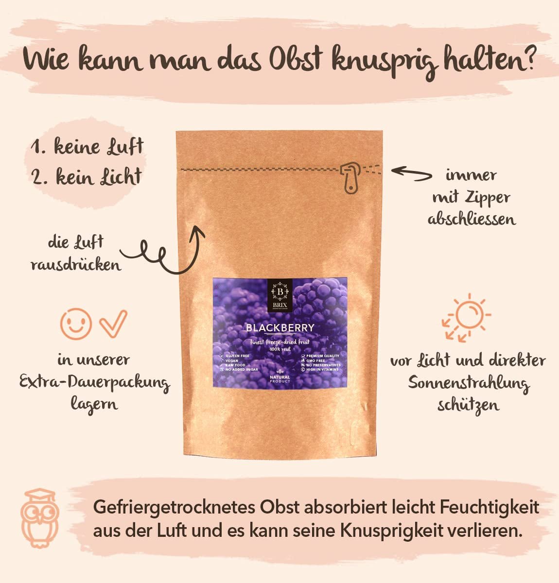 Mure liofilizate BRIX | Mure naturale, uscate 105 g | Premiul Great Taste pentru fructe de pădure uscate | Fără OMG, fără gluten, vegan, vitamine reținute Produse deshidratate Naty Shop