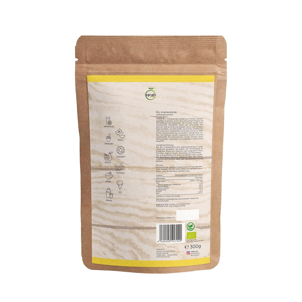 myfruits ananas organic liofilizat, 300g, fructe uscate fără aditivi, 100% ananas în bucăți mari, fructe liofilizate pentru muesli sau ca gustare Produse deshidratate Naty Shop