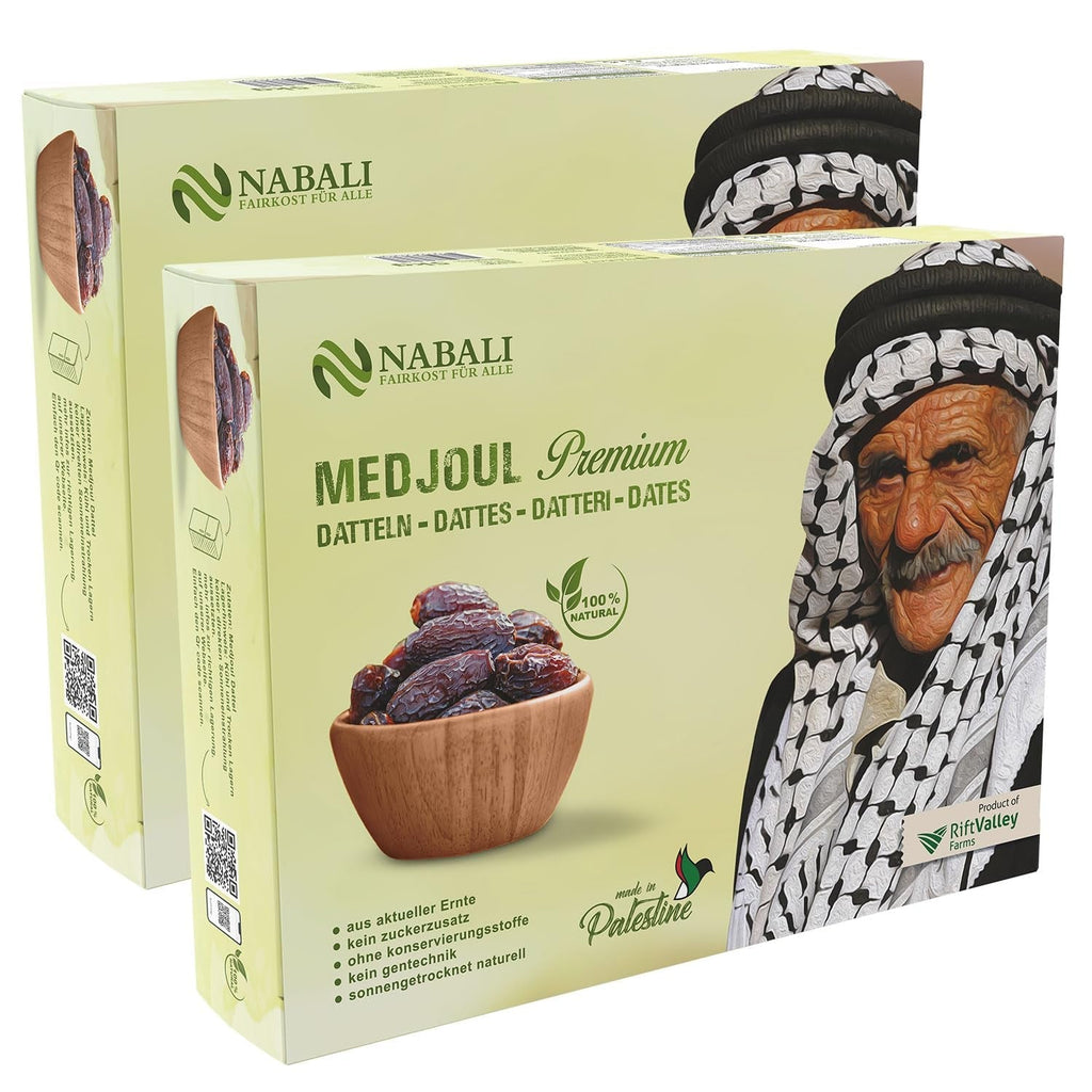 NABALI FAIRKOST FOR ALL Curmale Medjool Medjoul din Palestina - 100% naturale vegan aromate tradiționale proaspete și orientale I fără conservanți 5 kg (1 pachet), Small/Medium Produse deshidratate Naty Shop 5 kg (pachet de 2) Mare/Jumbo