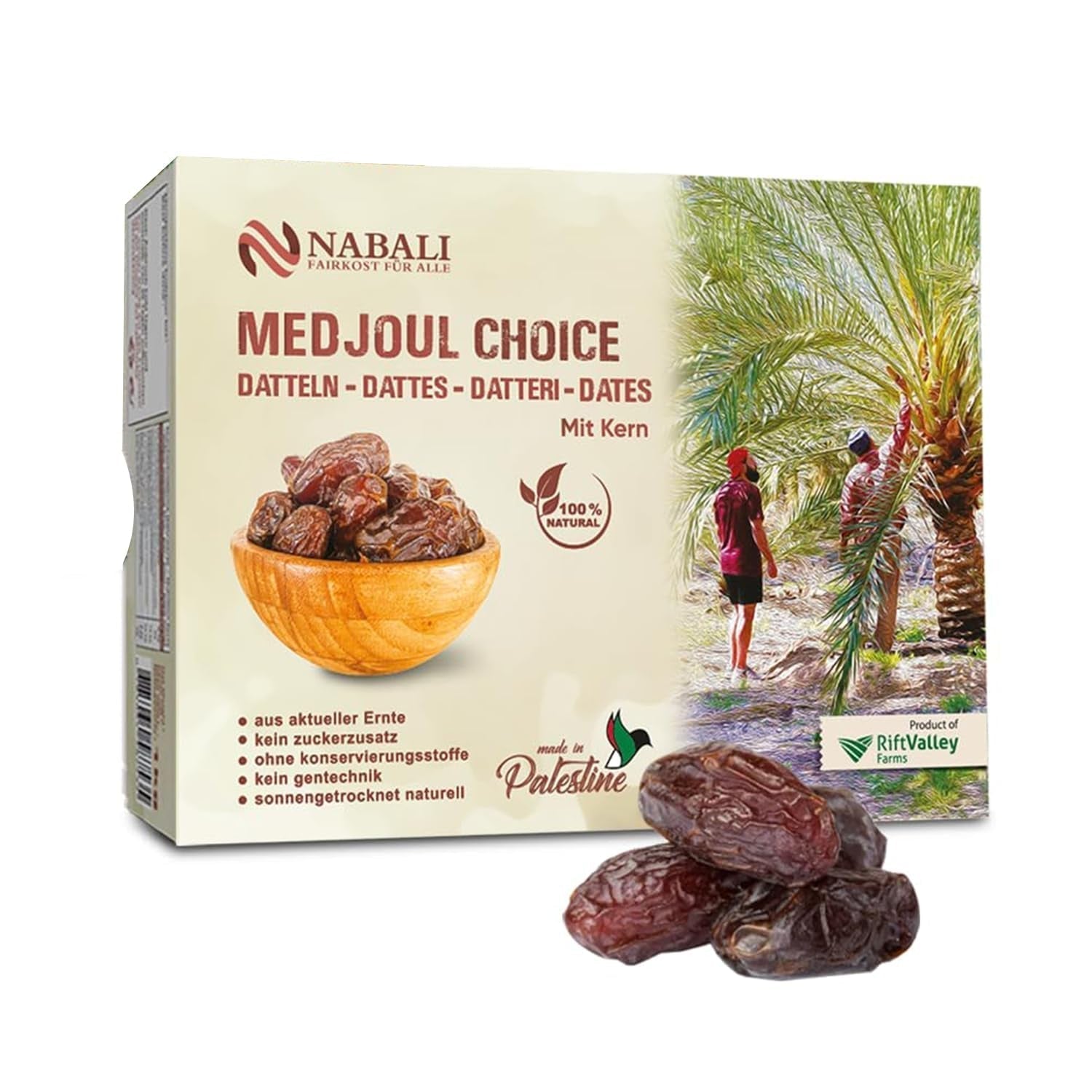 NABALI FAIRKOST FOR ALL Medjoul - Medjool Dates Choice I - 100% natural aromat proaspăt oriental moale I dulce ca mierea și caramelizat I Origine: Palestina I (1x1KG) Produse deshidratate Naty Shop 5 kg (1 pachet)