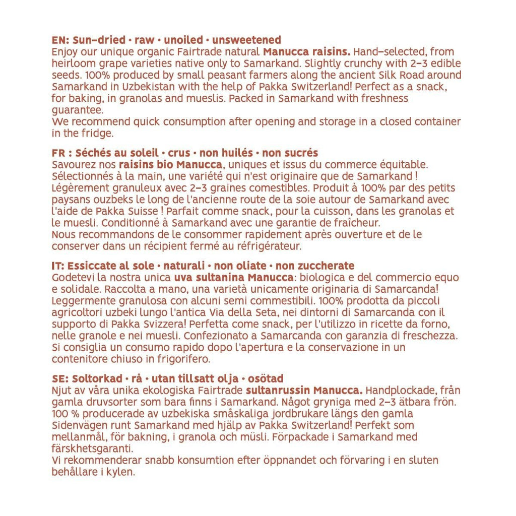 PAKKA - Organic Fairtrade Jumbo Manucca Raisins 1kg cu 2 - 3 semințe crocante, struguri de manucca uscați la soare, fără ulei, deci lipicioși, nesulfurați, de la micii fermieri din Samarkand Uzbekistan 1000g Produse deshidratate Naty Shop