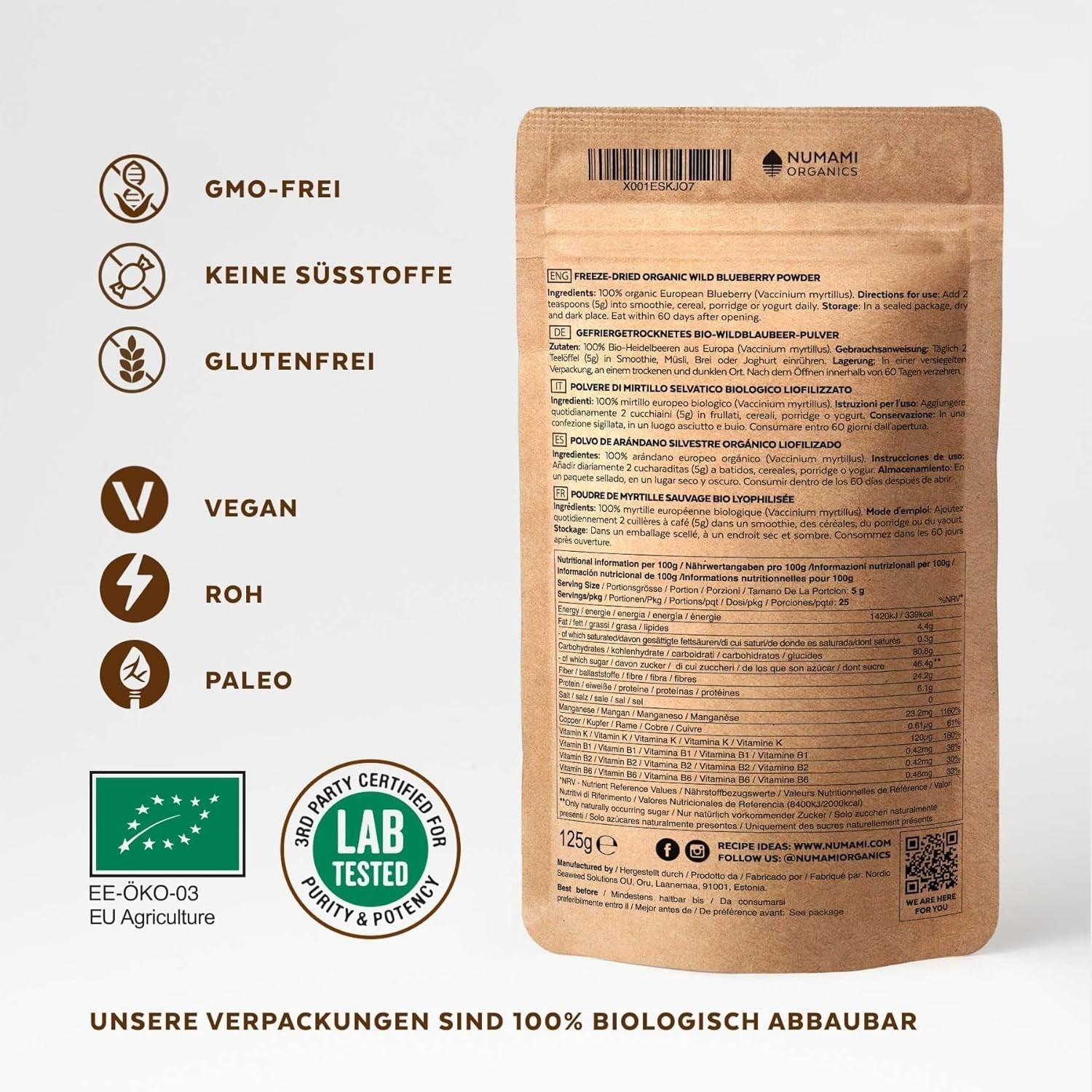 Pulbere organică de afine sălbatice, afine întregi liofilizate, 100% calitatea alimentelor crude, bogate în antioxidanți și vitamina C, fără zahăr adăugat, recoltate în Europa de Nord Produse deshidratate Naty Shop