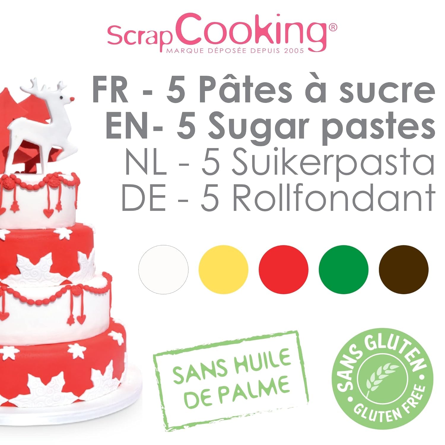 ScrapCooking - Set de 5 Fondant - alb, galben, roșu, verde și maro - 5 x 80g - pastă de zahăr pentru prăjituri Decorațiuni pentru torturi Ziua de naștere Crăciun - fără gluten și fără ulei de palmier - 7257 Pasta de zahar Naty Shop