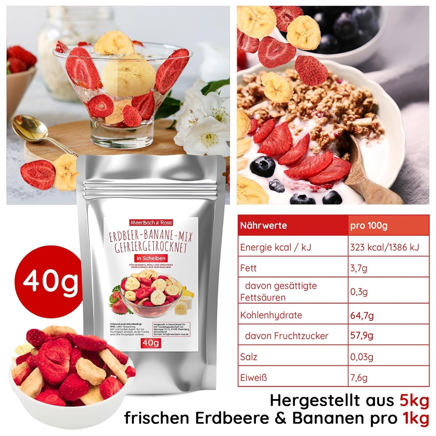 Set de degustare de fructe liofilizate 5x40g, căpșuni fructate liofilizate, zmeură, ananas, mango și amestec de căpșuni-banană, fără aditivi, fabricat în Germania Produse deshidratate Naty Shop