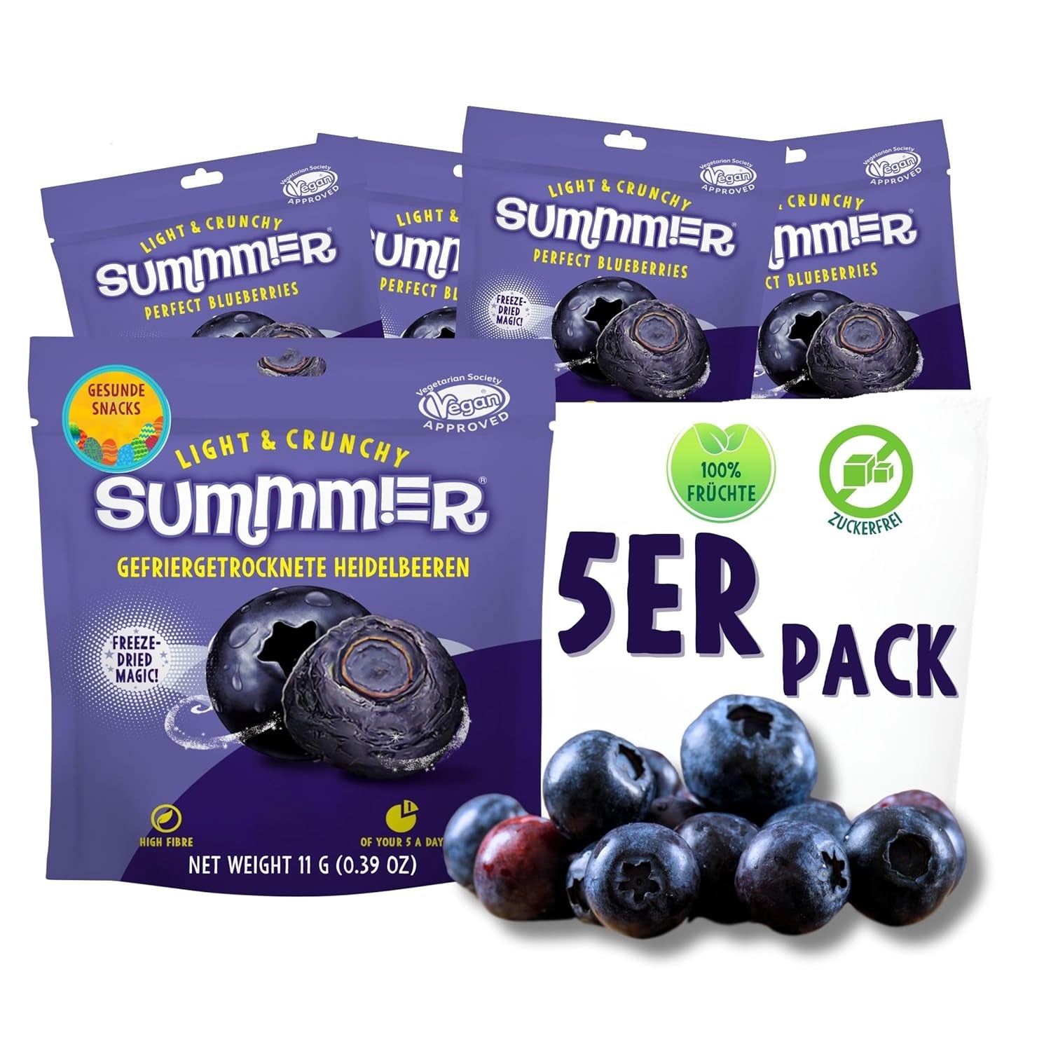 Summmer căpșuni liofilizate - pachet de 5 - fără zahăr, 100% naturale, delicioase gustări crocante pentru copii și adulți, ideale pentru cereale și cutii de prânz (55g) Produse deshidratate Naty Shop Pachet de 5 Afine