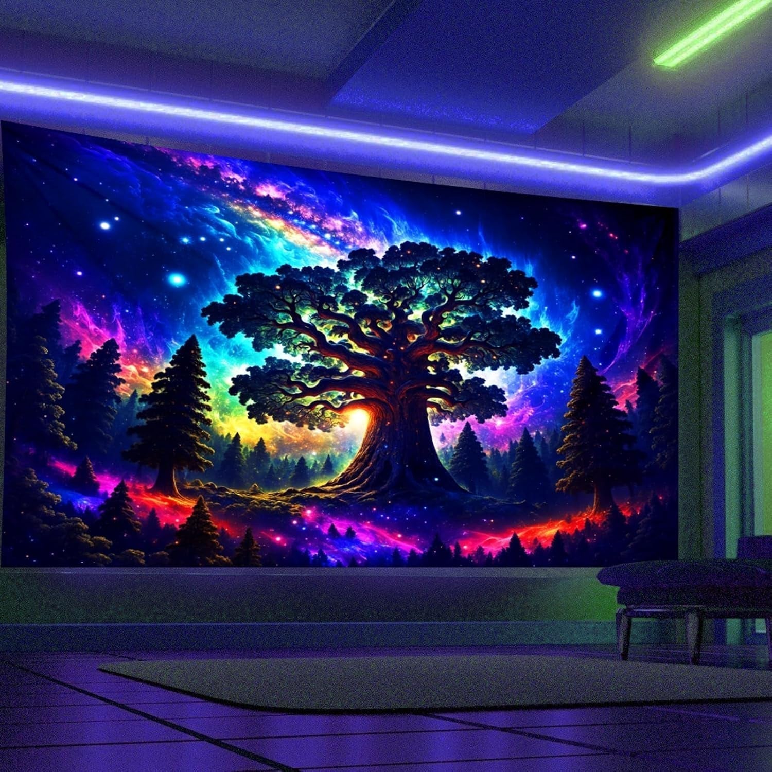 Tapiserie blacklight forest psychedelic nature tree stars galaxy Casa - Accesorii si Decoratiuni Naty Shop