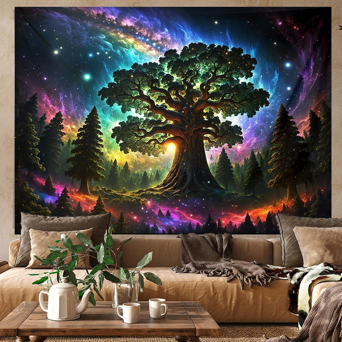 Tapiserie blacklight forest psychedelic nature tree stars galaxy Casa - Accesorii si Decoratiuni Naty Shop 300L X 180B Cm