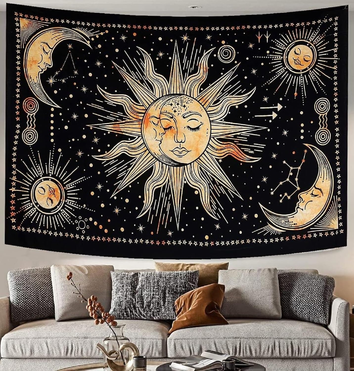 Tapiserie sun moon star spiritual asthetic rainbow bumbac Casa - Accesorii si Decoratiuni Naty Shop Galben 210L X 140B Cm