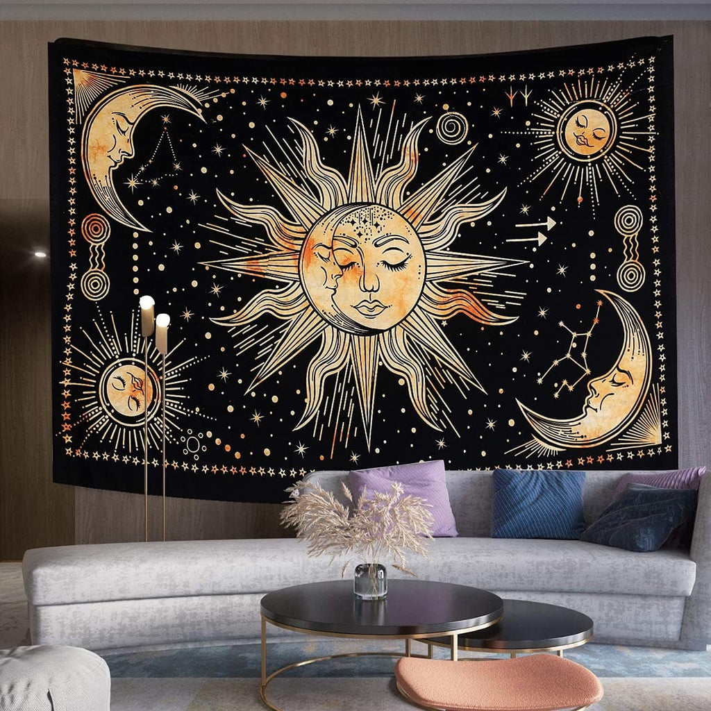 Tapiserie sun moon star spiritual asthetic rainbow bumbac Casa - Accesorii si Decoratiuni Naty Shop Galben 102L X 77B Cm