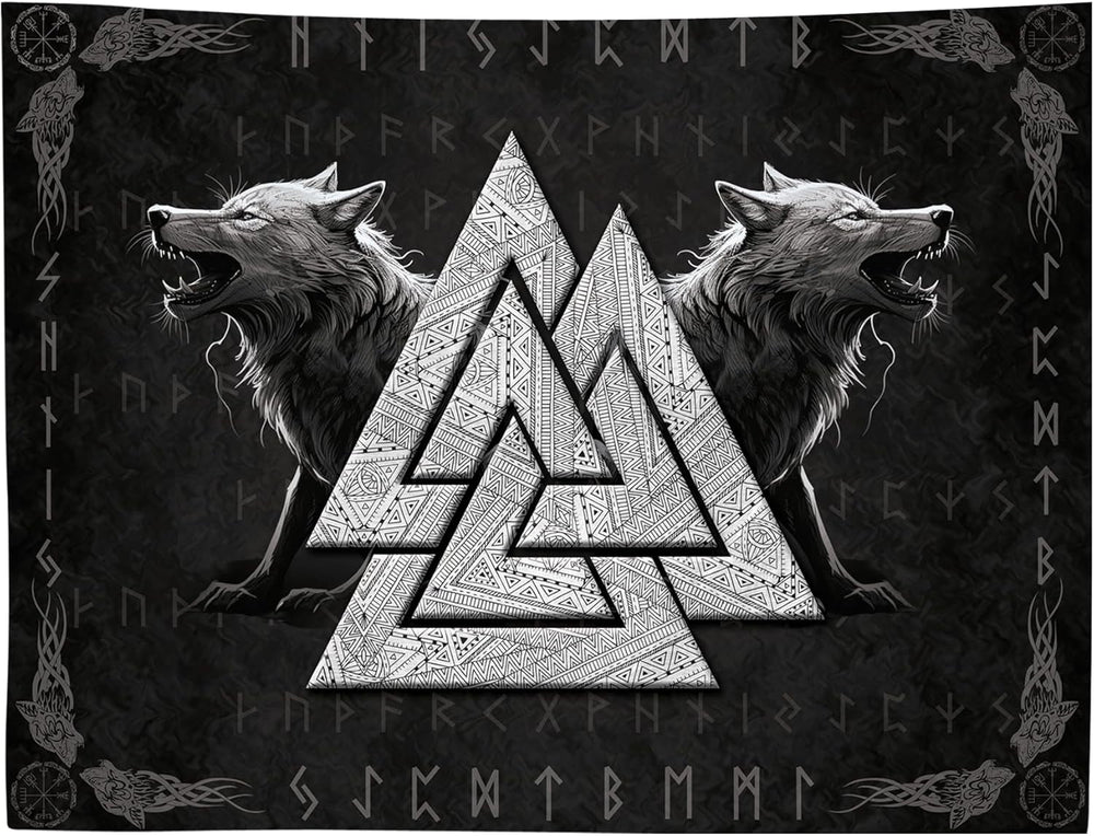Tapiserie viking wolf totem negru alb meditatie rune Casa - Accesorii si Decoratiuni Naty Shop 200L X 150B Cm