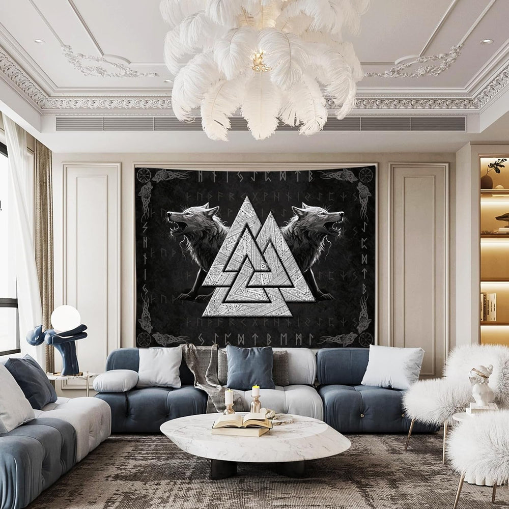 Tapiserie viking wolf totem negru alb meditatie rune Casa - Accesorii si Decoratiuni Naty Shop