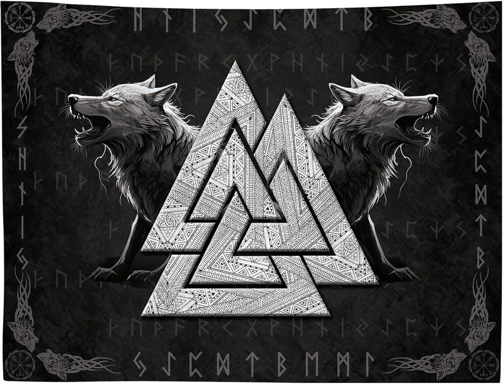 Tapiserie viking wolf totem negru alb meditatie rune Casa - Accesorii si Decoratiuni Naty Shop 300L X 180B Cm