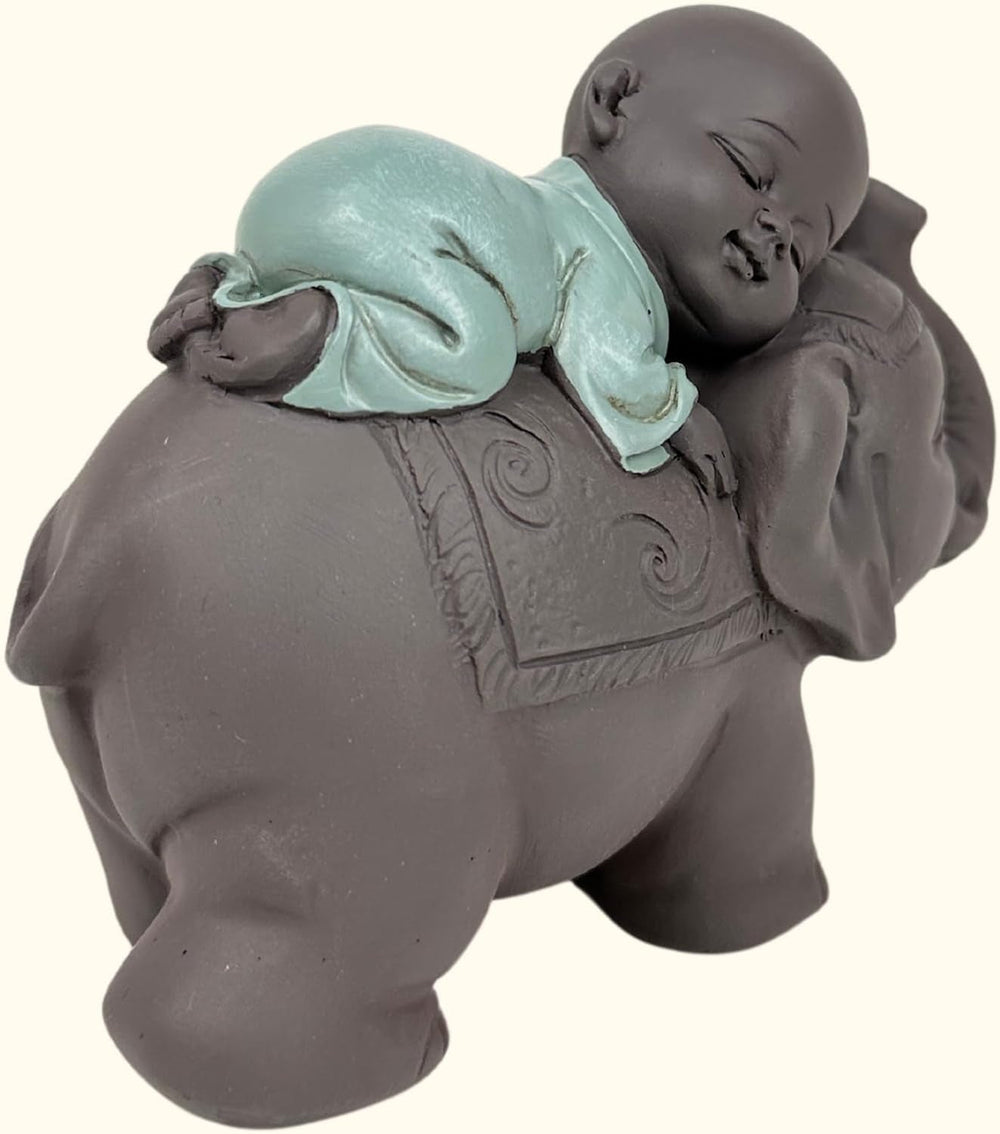 Zen'Light Statue Buddha Bonze Sleeping on Elephant - Atmosferă Zen în spațiul tău sacru - frumoasă figură de bun augur -H 9.5 cm, Brown & Green Statuete si sculpturi Naty Shop