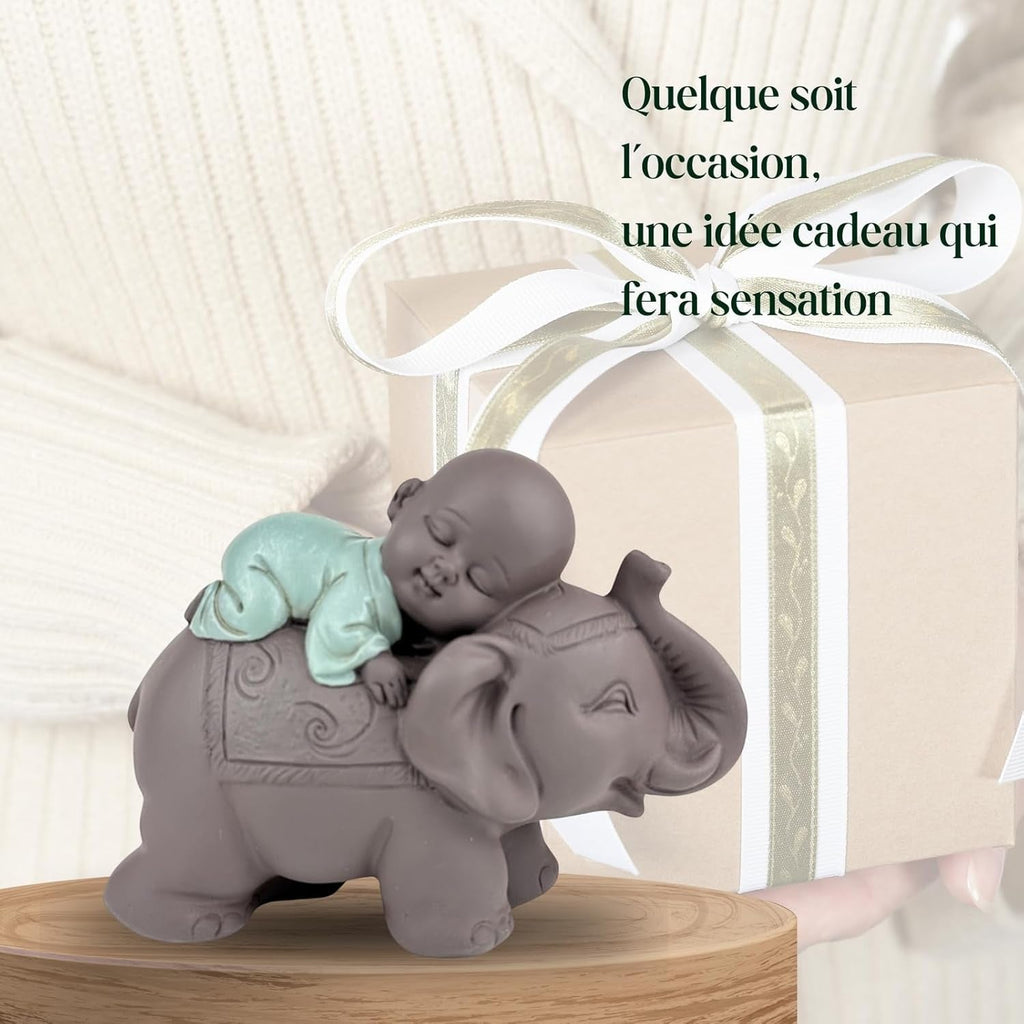 Zen'Light Statue Buddha Bonze Sleeping on Elephant - Atmosferă Zen în spațiul tău sacru - frumoasă figură de bun augur -H 9.5 cm, Brown & Green Statuete si sculpturi Naty Shop